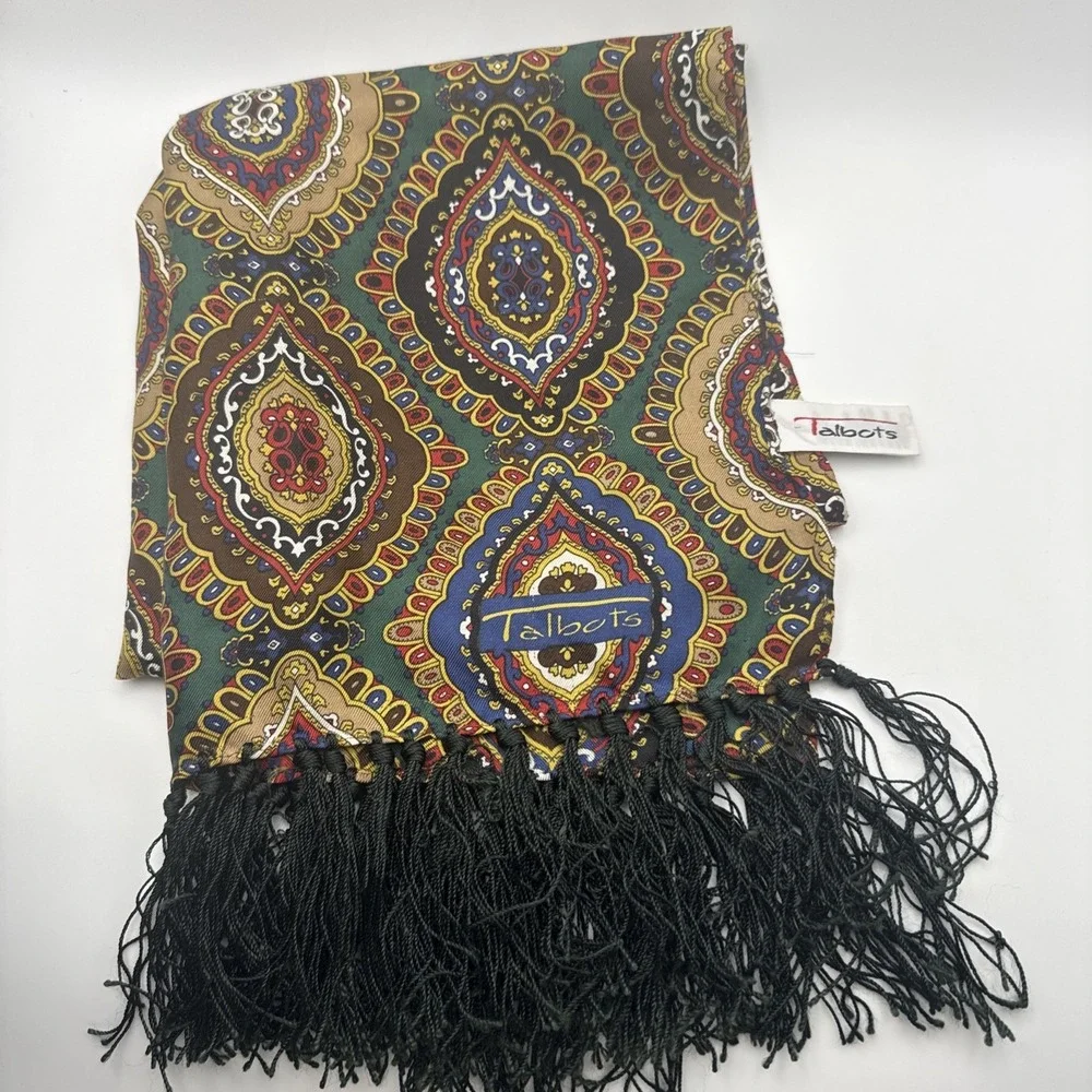 Talbots 100% Silk Fringe Scarf Green Paisley Medallion Print Women's Wrap